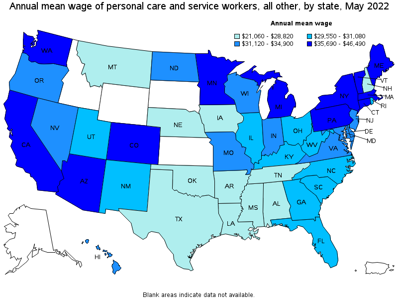 Map of annual mean wages of personal care and service workers, all other by state, May 2022