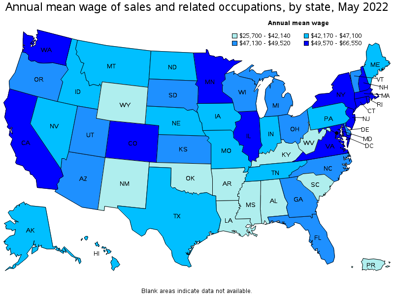 Map of annual mean wages of sales and related occupations by state, May 2022