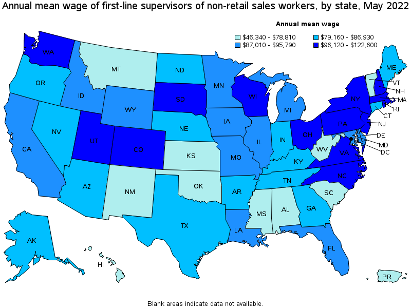 Map of annual mean wages of first-line supervisors of non-retail sales workers by state, May 2022