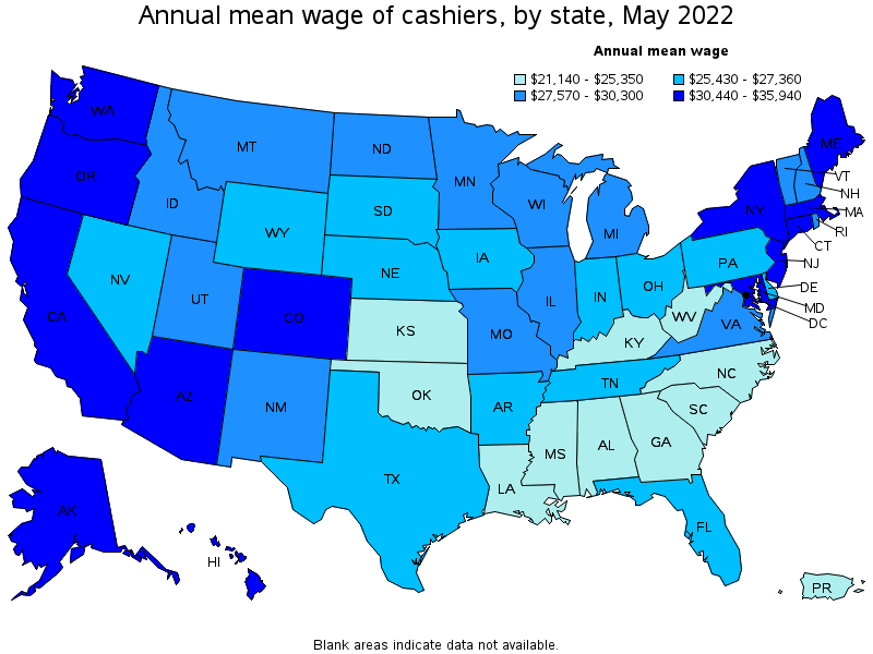 Map of annual mean wages of cashiers by state, May 2022