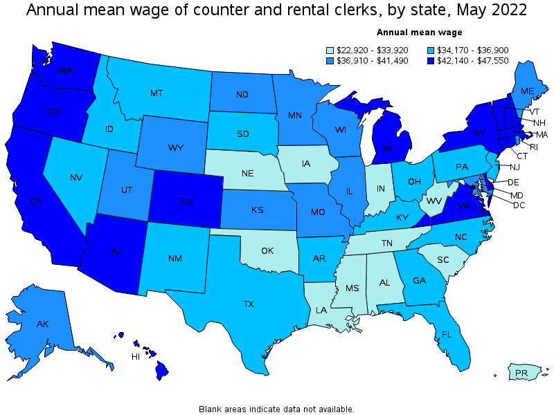 Map of annual mean wages of counter and rental clerks by state, May 2022