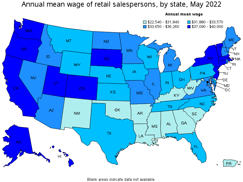 Map of annual mean wages of retail salespersons by state, May 2022