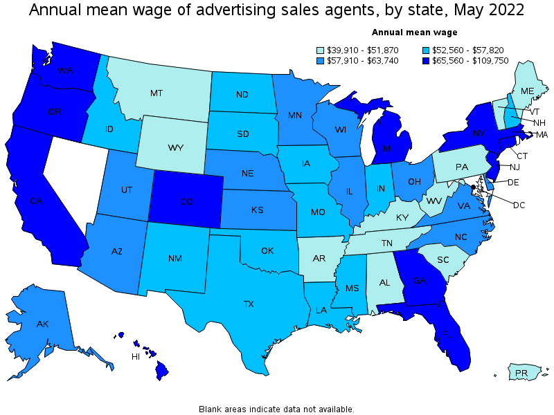 Map of annual mean wages of advertising sales agents by state, May 2022