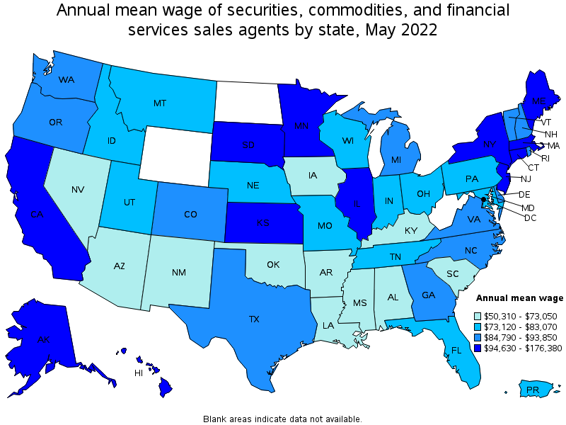 Map of annual mean wages of securities, commodities, and financial services sales agents by state, May 2022