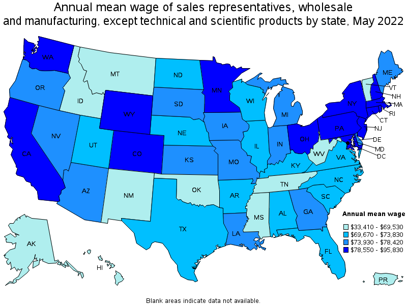 Map of annual mean wages of sales representatives, wholesale and manufacturing, except technical and scientific products by state, May 2022