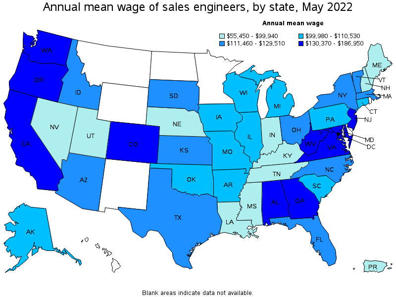 Map of annual mean wages of sales engineers by state, May 2022