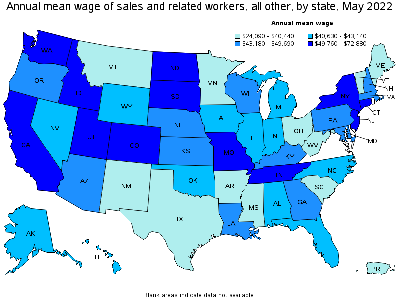 Map of annual mean wages of sales and related workers, all other by state, May 2022