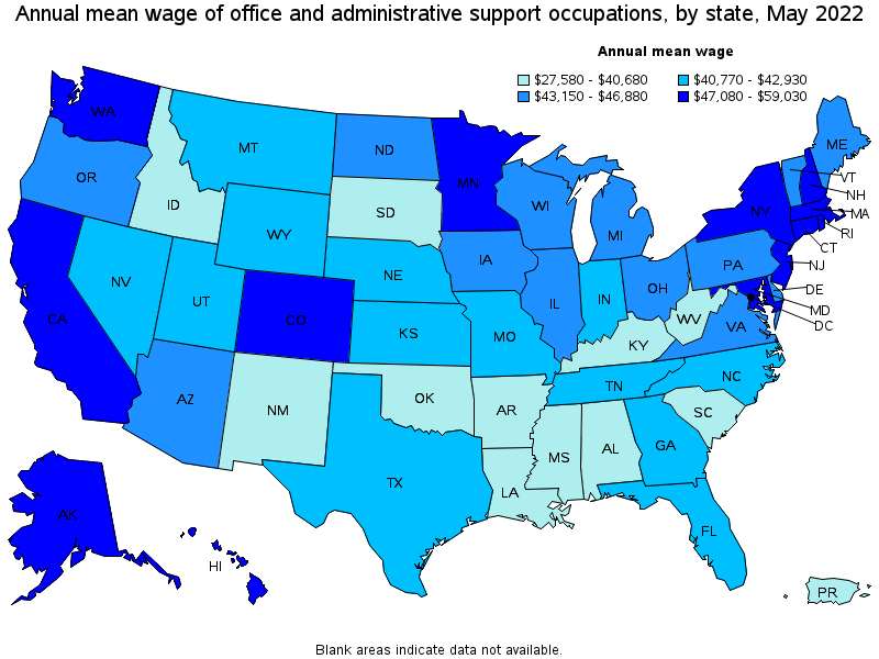Map of annual mean wages of office and administrative support occupations by state, May 2022