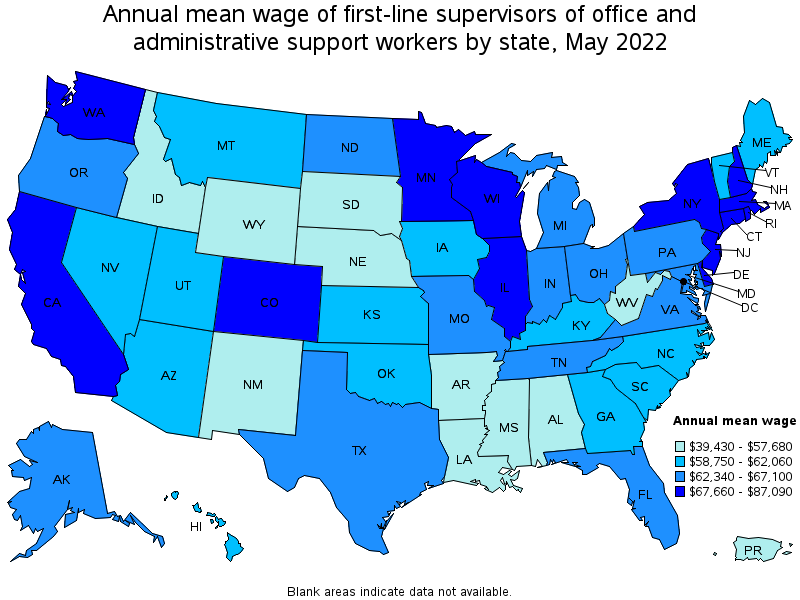 Map of annual mean wages of first-line supervisors of office and administrative support workers by state, May 2022