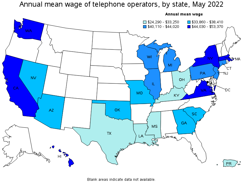 Map of annual mean wages of telephone operators by state, May 2022