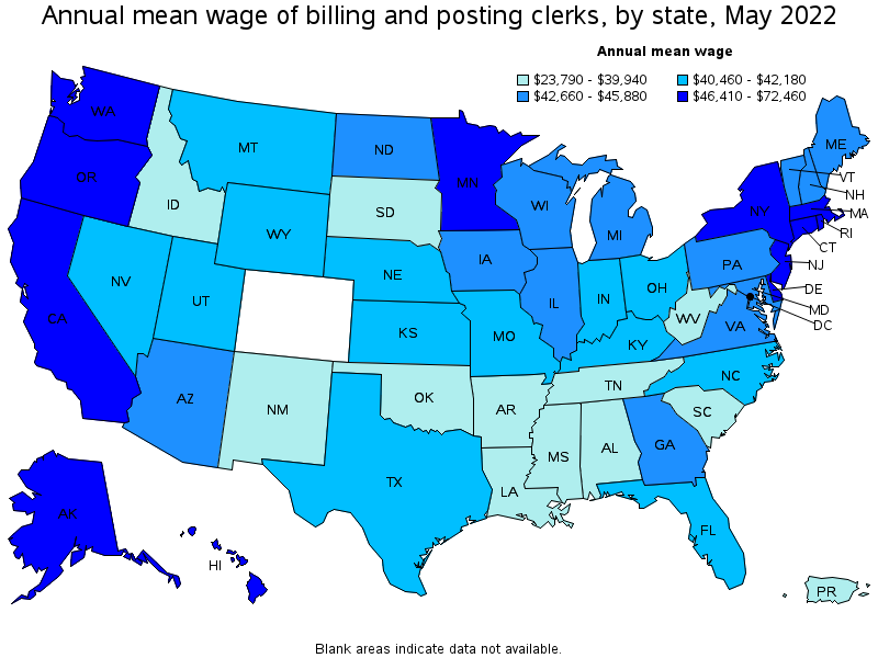 Map of annual mean wages of billing and posting clerks by state, May 2022