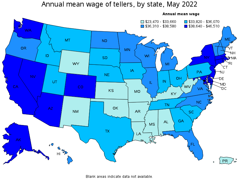 Map of annual mean wages of tellers by state, May 2022