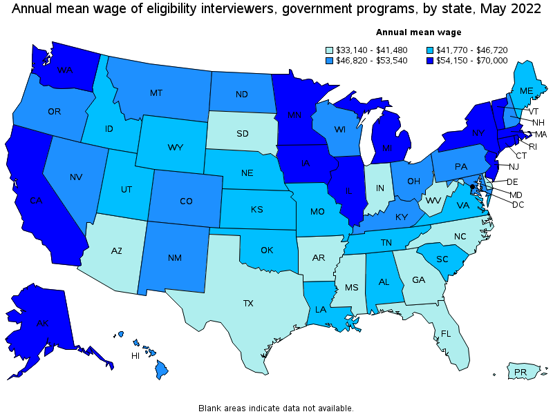 Map of annual mean wages of eligibility interviewers, government programs by state, May 2022