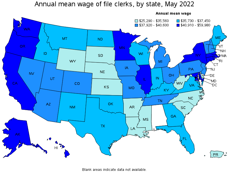 Map of annual mean wages of file clerks by state, May 2022