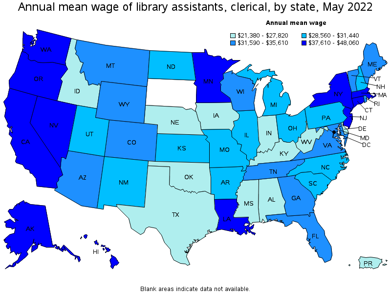 Map of annual mean wages of library assistants, clerical by state, May 2022