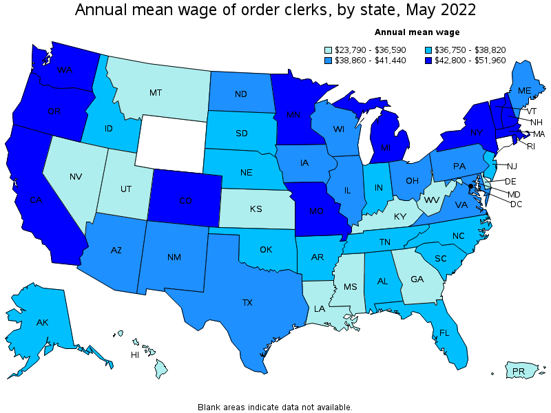 Map of annual mean wages of order clerks by state, May 2022