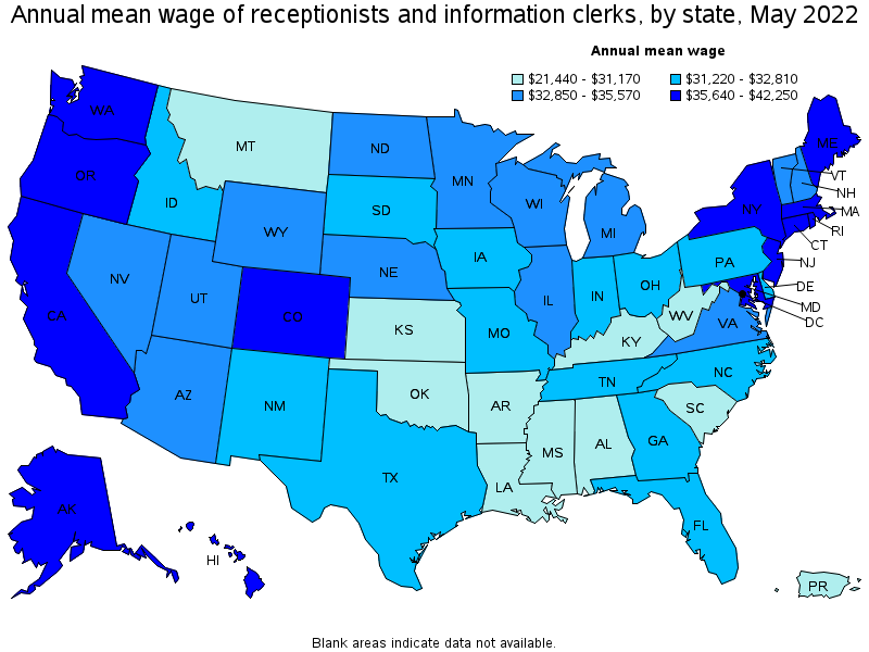 Map of annual mean wages of receptionists and information clerks by state, May 2022