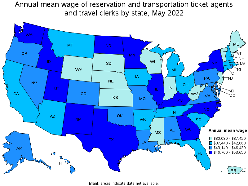 Map of annual mean wages of reservation and transportation ticket agents and travel clerks by state, May 2022