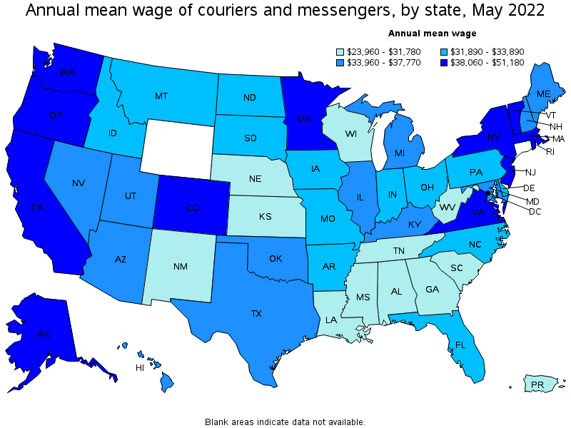 Map of annual mean wages of couriers and messengers by state, May 2022