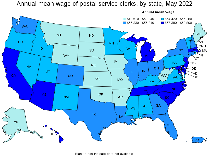 Map of annual mean wages of postal service clerks by state, May 2022