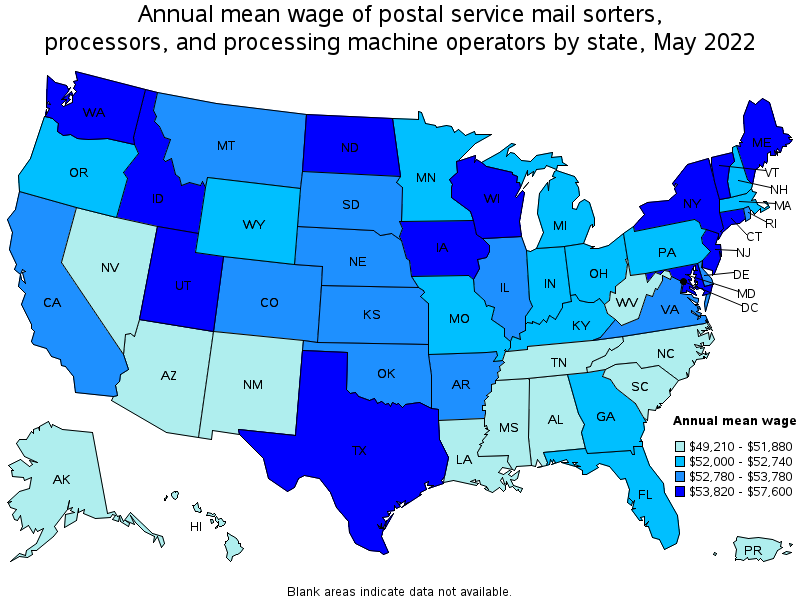 Map of annual mean wages of postal service mail sorters, processors, and processing machine operators by state, May 2022