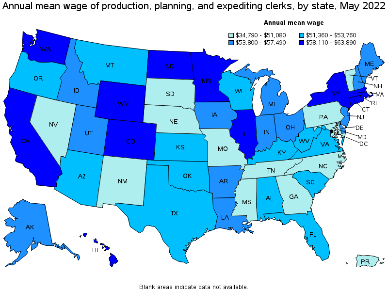 Map of annual mean wages of production, planning, and expediting clerks by state, May 2022