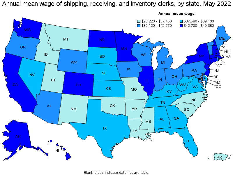 Map of annual mean wages of shipping, receiving, and inventory clerks by state, May 2022