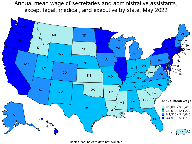 Map of annual mean wages of secretaries and administrative assistants, except legal, medical, and executive by state, May 2022