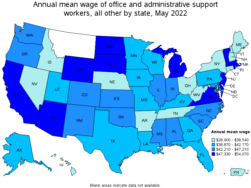 Map of annual mean wages of office and administrative support workers, all other by state, May 2022