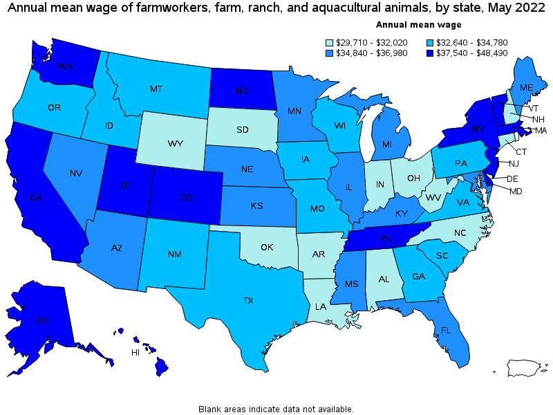 Map of annual mean wages of farmworkers, farm, ranch, and aquacultural animals by state, May 2022