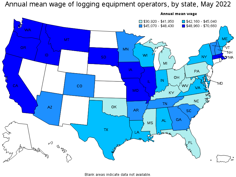 Map of annual mean wages of logging equipment operators by state, May 2022