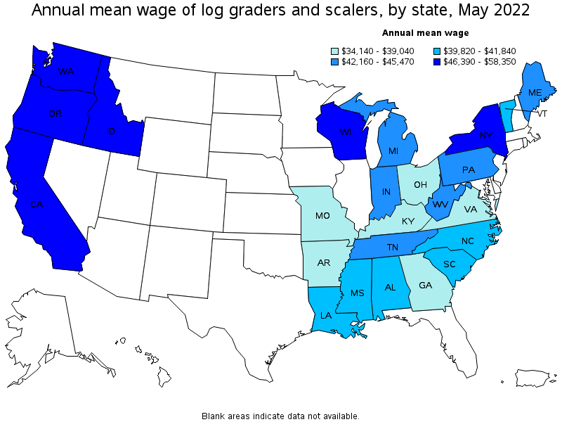 Map of annual mean wages of log graders and scalers by state, May 2022