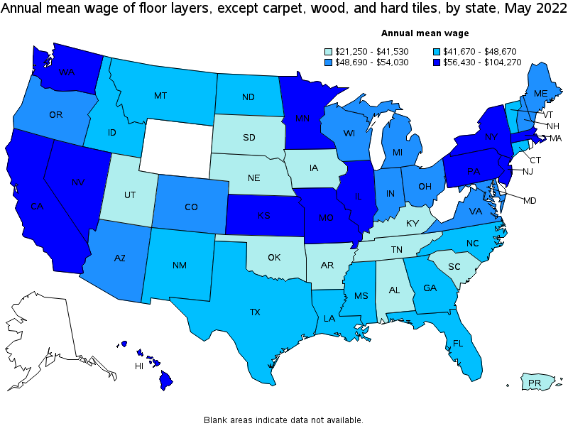 Map of annual mean wages of floor layers, except carpet, wood, and hard tiles by state, May 2022