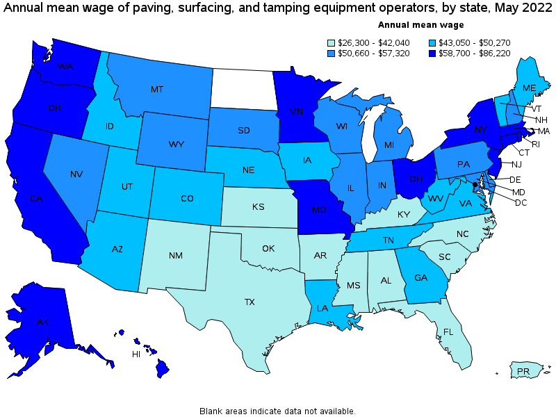 Map of annual mean wages of paving, surfacing, and tamping equipment operators by state, May 2022