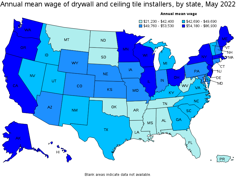 Map of annual mean wages of drywall and ceiling tile installers by state, May 2022