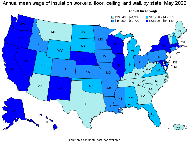 Map of annual mean wages of insulation workers, floor, ceiling, and wall by state, May 2022