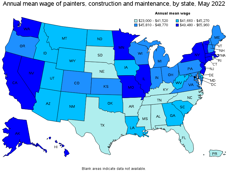 Map of annual mean wages of painters, construction and maintenance by state, May 2022