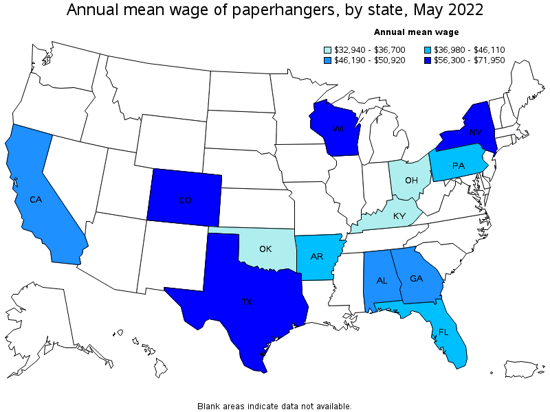 Map of annual mean wages of paperhangers by state, May 2022