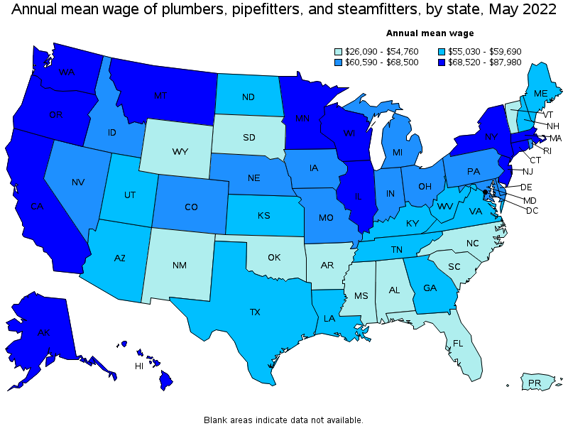 Map of annual mean wages of plumbers, pipefitters, and steamfitters by state, May 2022
