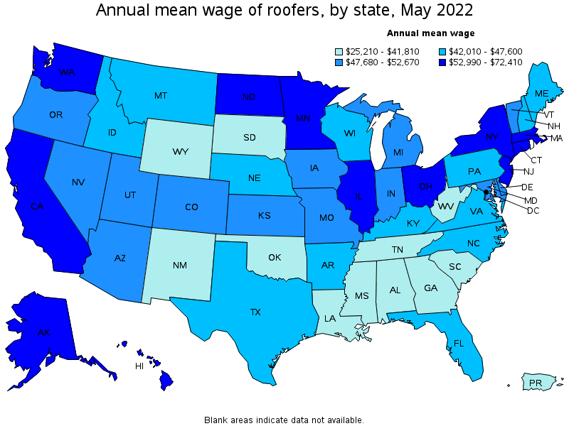 Map of annual mean wages of roofers by state, May 2022