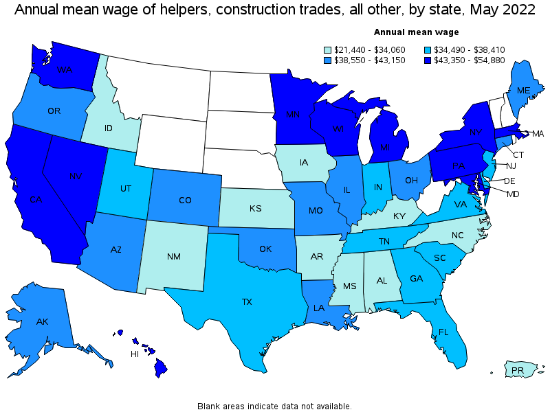 Map of annual mean wages of helpers, construction trades, all other by state, May 2022