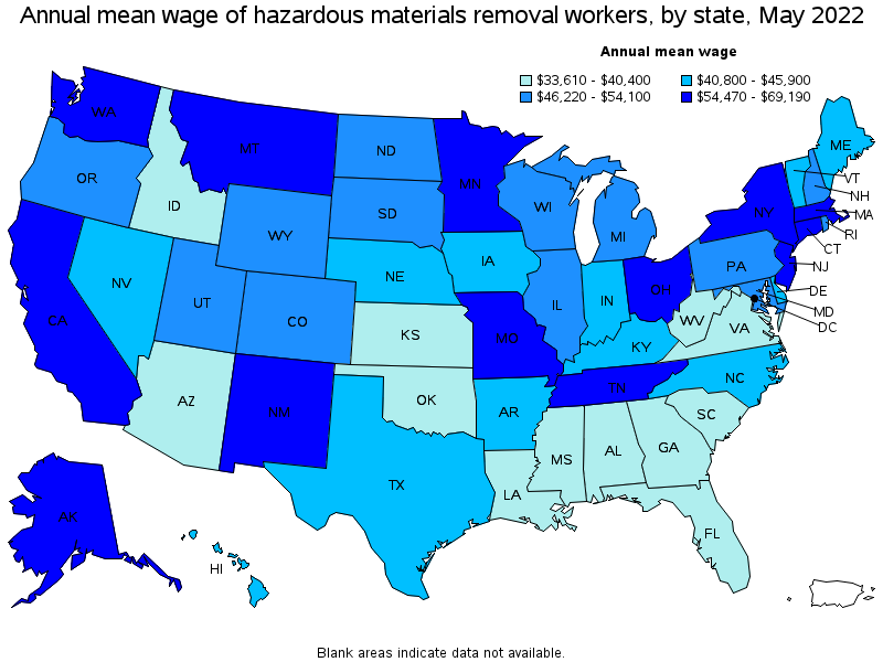 Map of annual mean wages of hazardous materials removal workers by state, May 2022