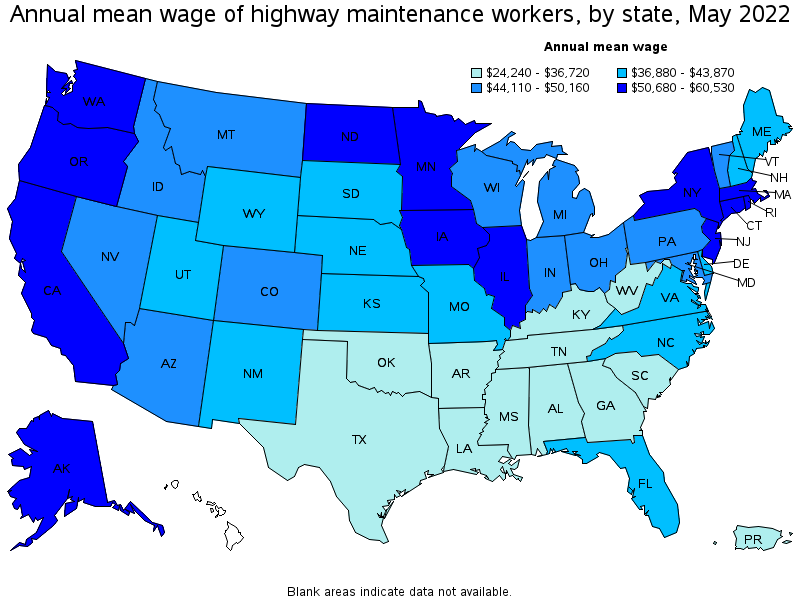 Map of annual mean wages of highway maintenance workers by state, May 2022