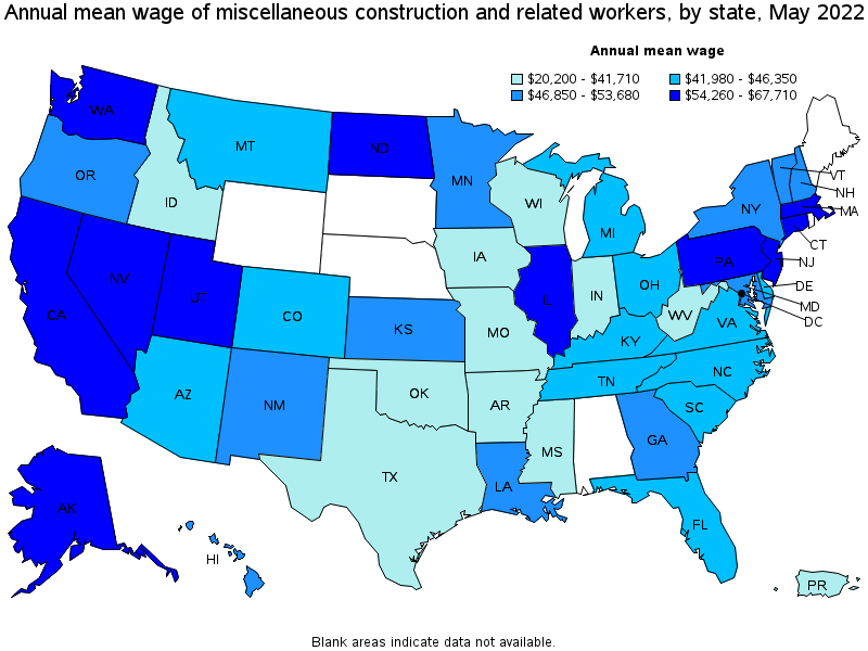 Map of annual mean wages of miscellaneous construction and related workers by state, May 2022