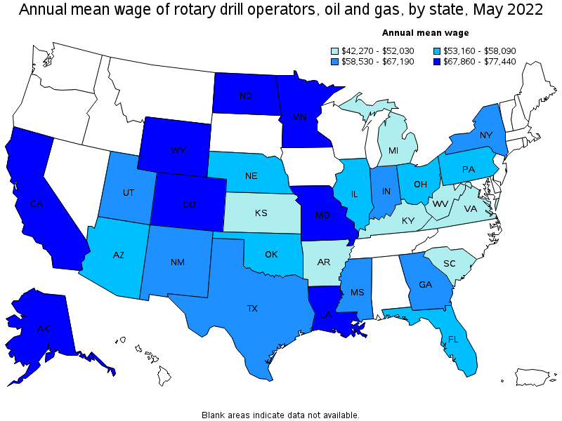 Map of annual mean wages of rotary drill operators, oil and gas by state, May 2022