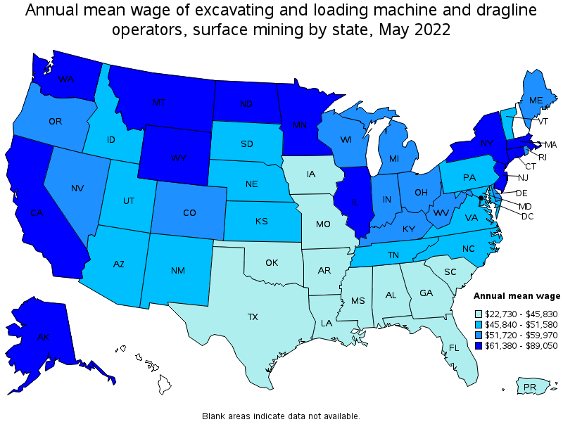 Map of annual mean wages of excavating and loading machine and dragline operators, surface mining by state, May 2022