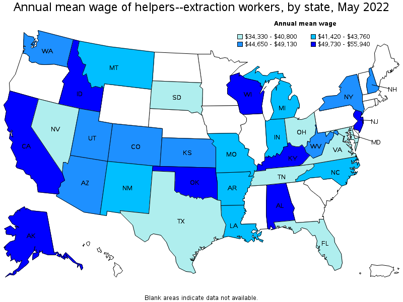 Map of annual mean wages of helpers--extraction workers by state, May 2022