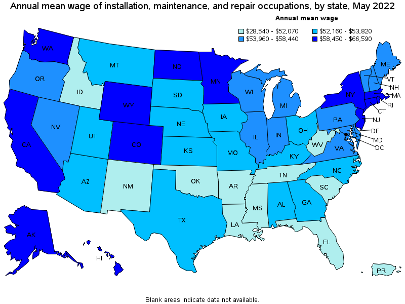 Map of annual mean wages of installation, maintenance, and repair occupations by state, May 2022