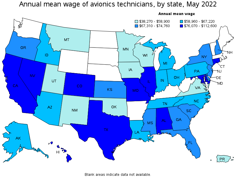 Map of annual mean wages of avionics technicians by state, May 2022