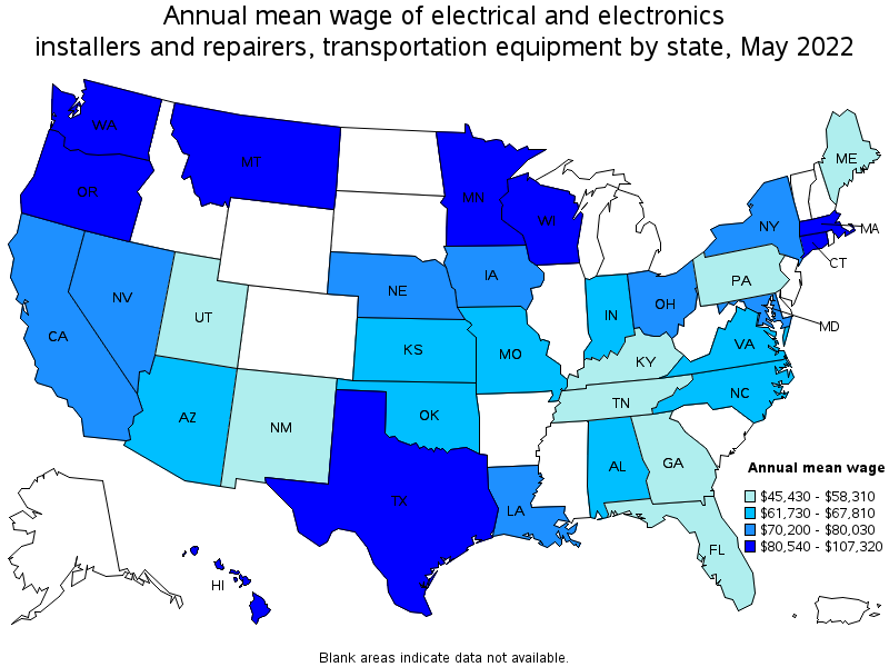 Map of annual mean wages of electrical and electronics installers and repairers, transportation equipment by state, May 2022